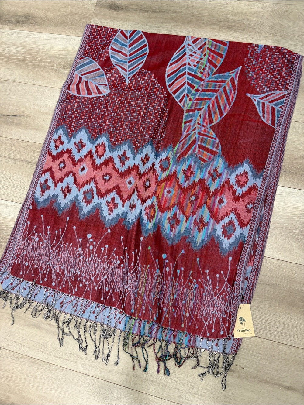 Red Multicolor Leaf & Ikat Patter Shaw Pashmina